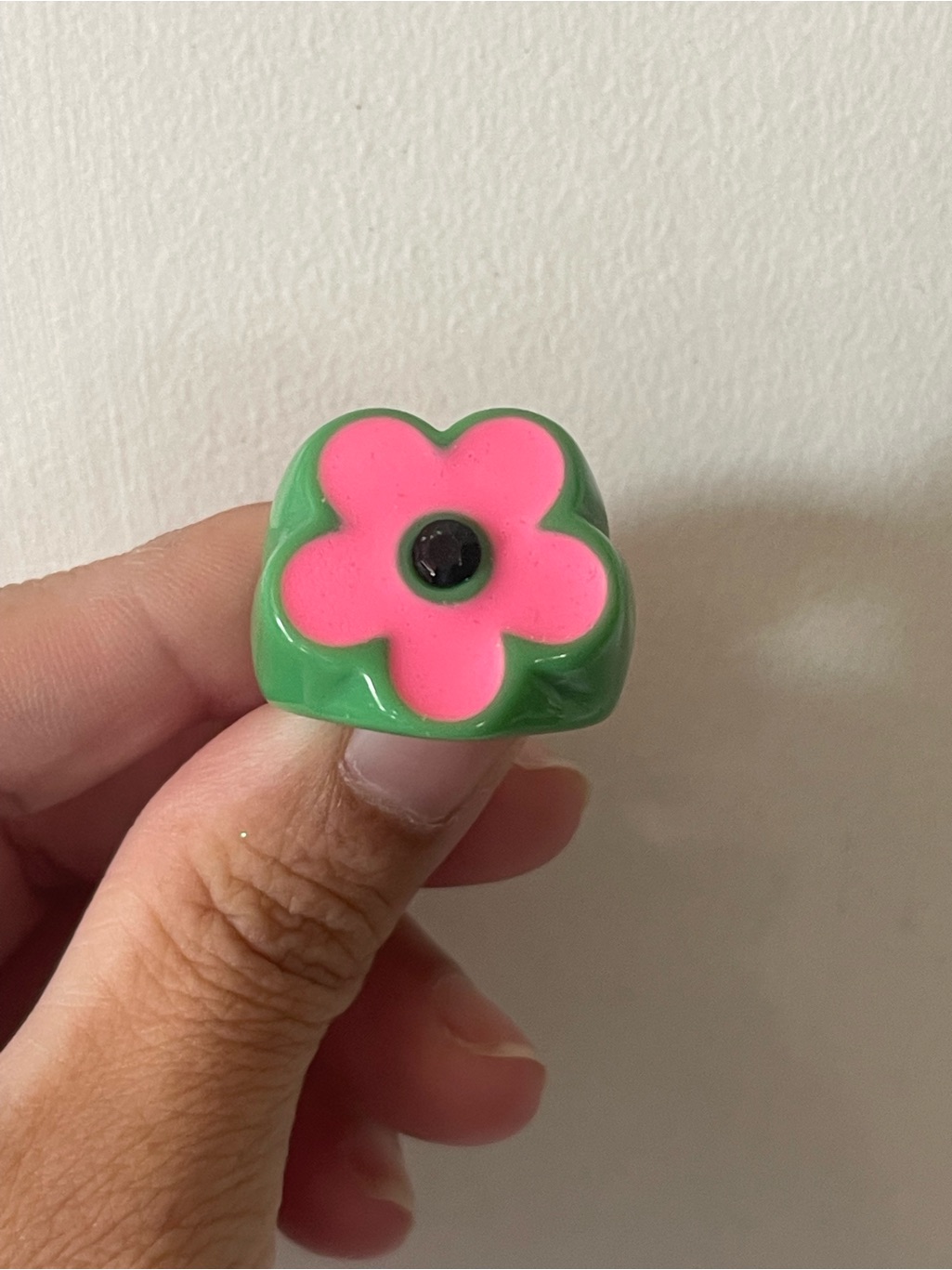Bright Pink Flower Ring With Green Band